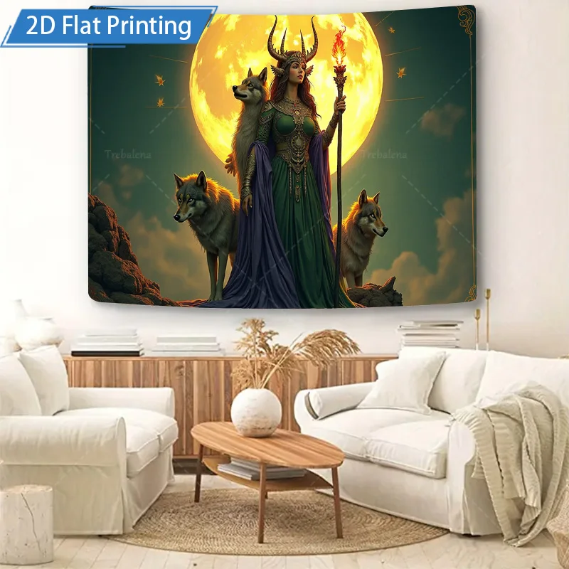 1pc Wall Tapestry "Mystic Moon Goddess with Wolves Fantasy Wall Tapestry"