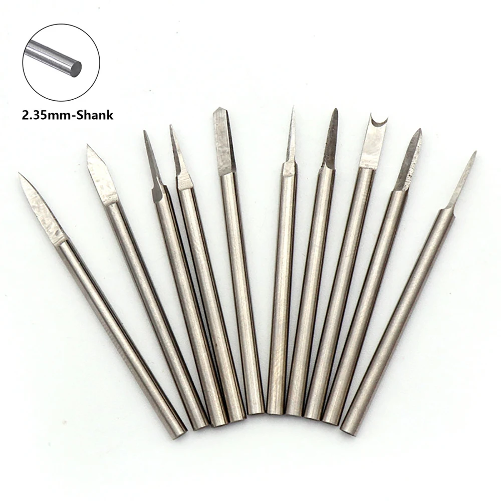 

10pc Carving Knife Olive Core Carving Electric Tooth Machine White Steel Milling Cutter Set 2.35 Handle Micro Carving Blade Head