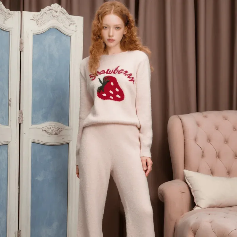 

Women's Cute Pajamas Set Pink Cartoon Simple Sweet Women Long Sleeve Pajamas Autumn Winter Sleepwear Women Sleeping Warm Pajamas