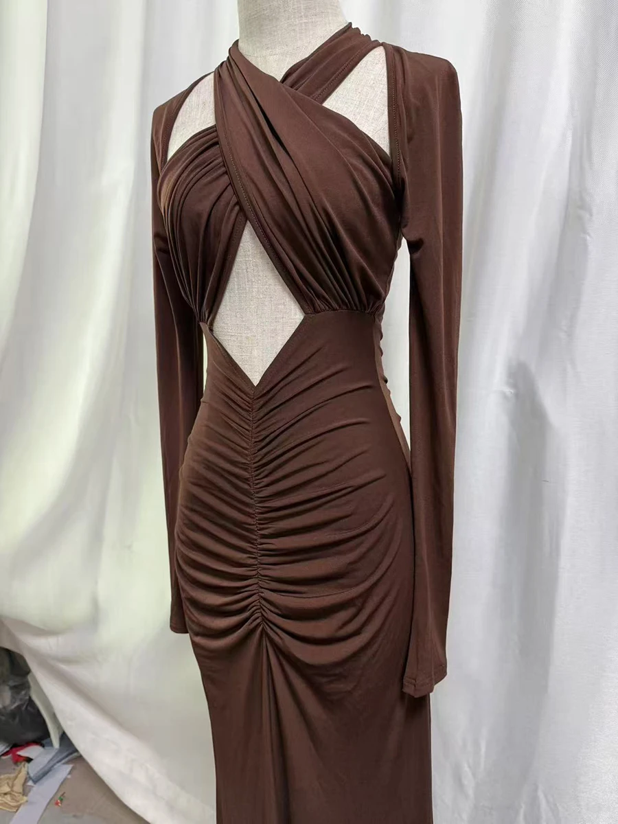 ชุดเดรสเซ็กซี่ทรงเข้ารูป TWOTWINSTYLE สำหรับผู้หญิง คอสูง แขนยาว แต่งผ้าต่อกัน จับจีบ เอวสูง เสื้อผ้าผู้หญิง