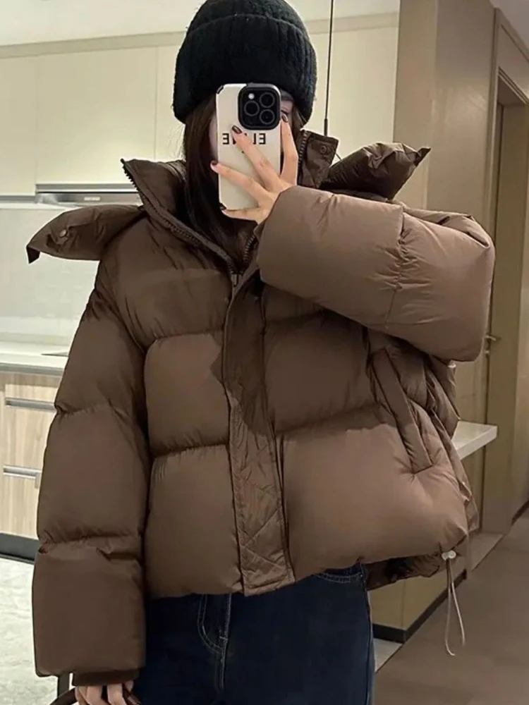 レディース無地多用途ダウンジャケット2025新作ショート丈フード付き厚手ゆったりフィット冬綿入りコートパン型アウター