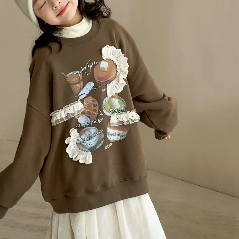 

Girls Hoodie 2024 Autumn and Winter New Childrens Wear Korean Style Baby Girl Printed Long Sleeve Plus Cashmere Hoodie Casual