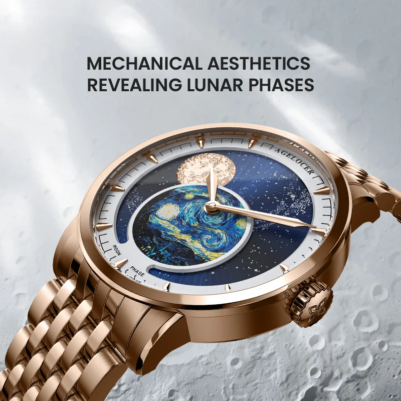 AGELOCER Original Astronomer Watch Steel Strap Van Gogh Oil Painting Men Luxury Automatic Mechanical Moon Phase Watch