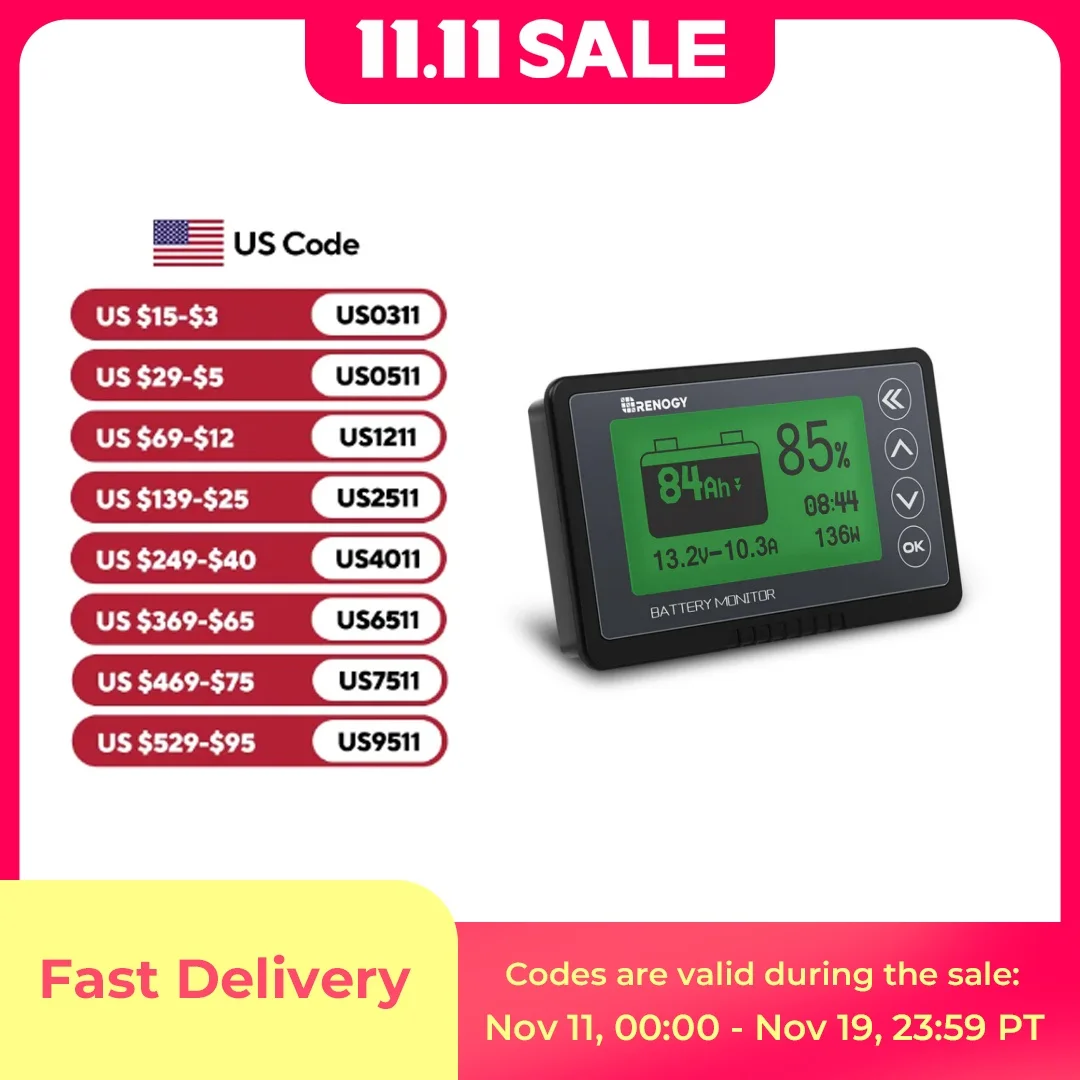 

Монитор аккумулятора Renogy 120 А с шунтом, программируемый сигнал высокого и низкого напряжения, диапазон 10-в до А