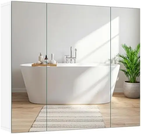 28" White Bathroom Medicine Cabinet with 3 Frameless Mirror Doors | Bathroom Mirror with Storage, 28" x 24" x 6" MDF