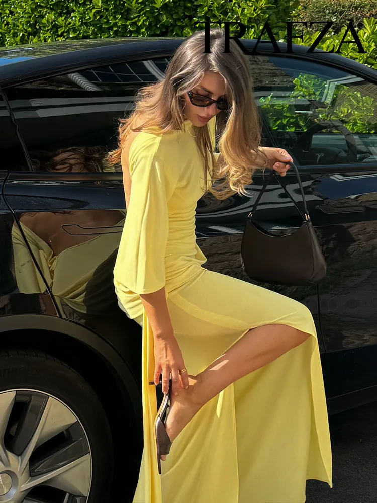 

HH Women Short Sleeve Beach Party Dress 2025 Summer Fashion Woman Sexy Backless Pleated Decoration Slim Long Dress Mujer