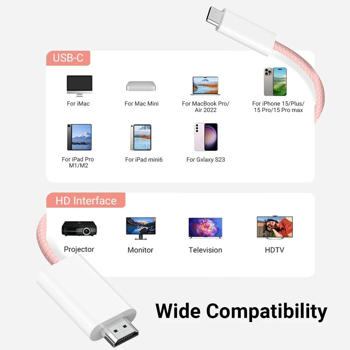 Tipo-C para cabo HDMI, USB-C para cabo HDTV, Thunderbolt 3, 4 adaptador HDMI, 1.8M, 6FT, MacBook Pro, Air S24, 23, Ultra ipad, impressionante, 4K