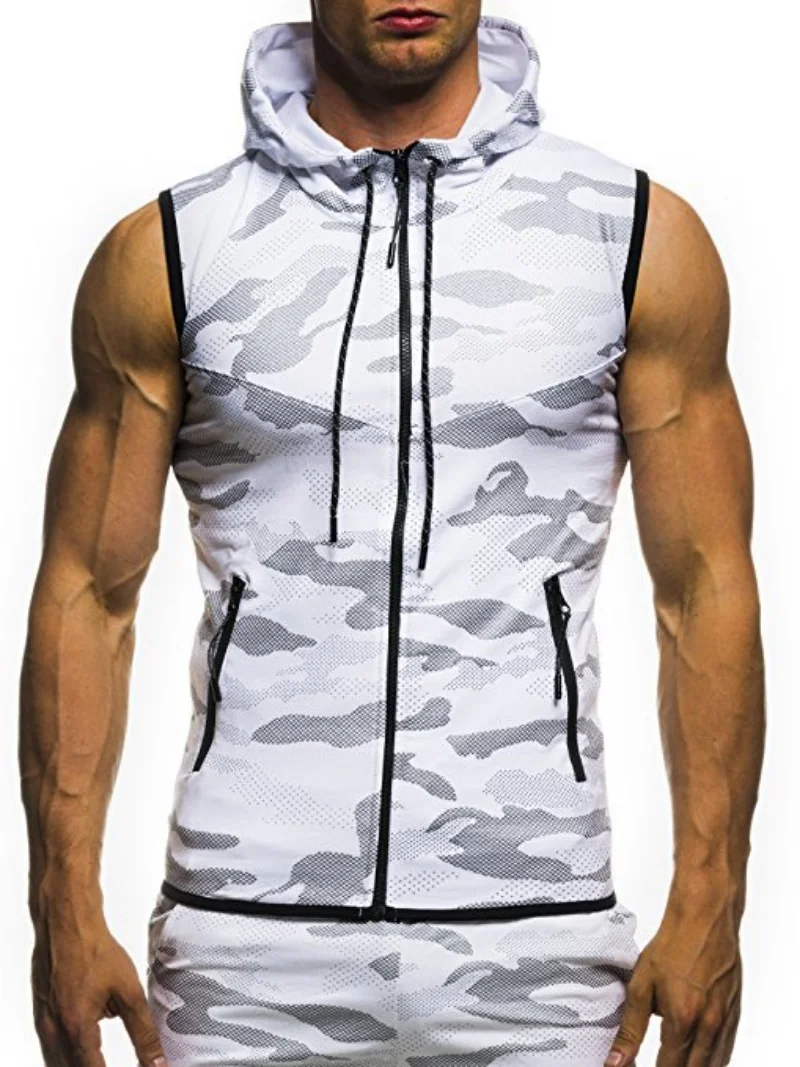 2023 New Men Bodybuilding Tank Tops Sleeveless Hoodies Man Casual Camouflage Hooded Vest Male Camo Clothing