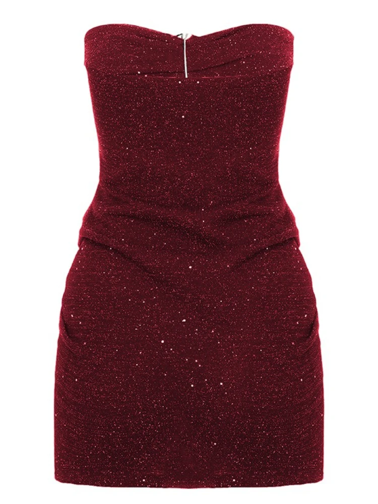 SsTss Vestido feminino sem alças, sólido, sexy, círculo de metal, fivela, corte frontal, sem mangas, slim, bodycon, mini vestido tubo para festa, clube