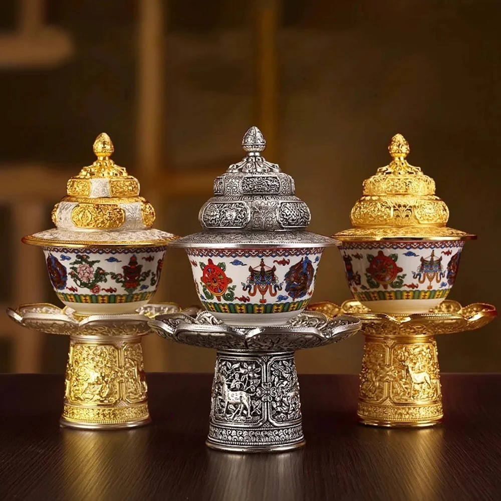

Buddhist holy water cup alloy tea rack set, Tantric offering Buddha wineglass, Tibetan Altars porcelain bowl Desktop Decorations