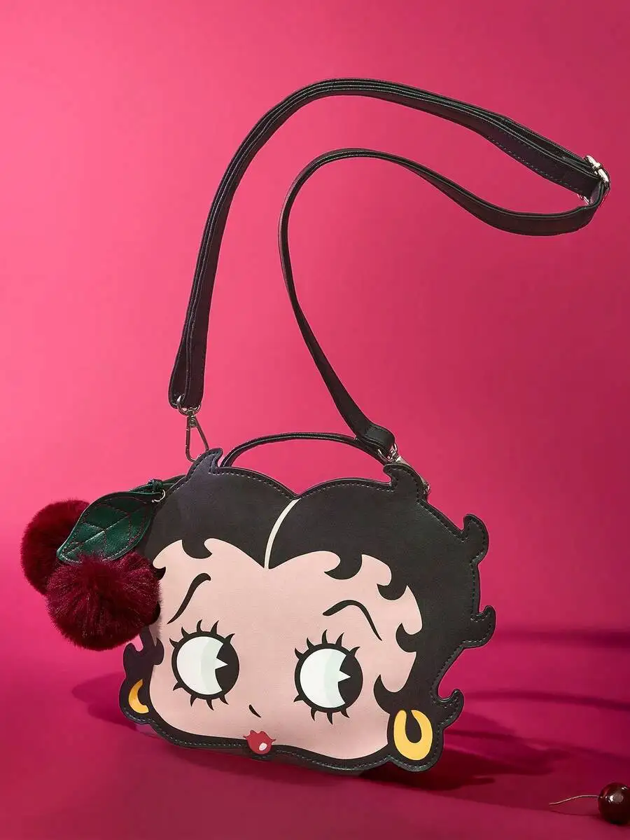 

Cartoon Character PU Leather Handbag With Plush Cherry Pendant Long Shoulder Strap
