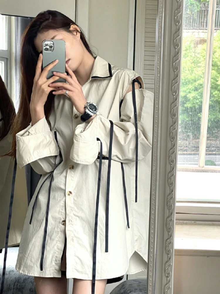 Korean Fashion Shirts for Women Chic Off-shoulder Autumn New Loose Design Lace-up Street Wear Harajuku Female Mid-length Clothes