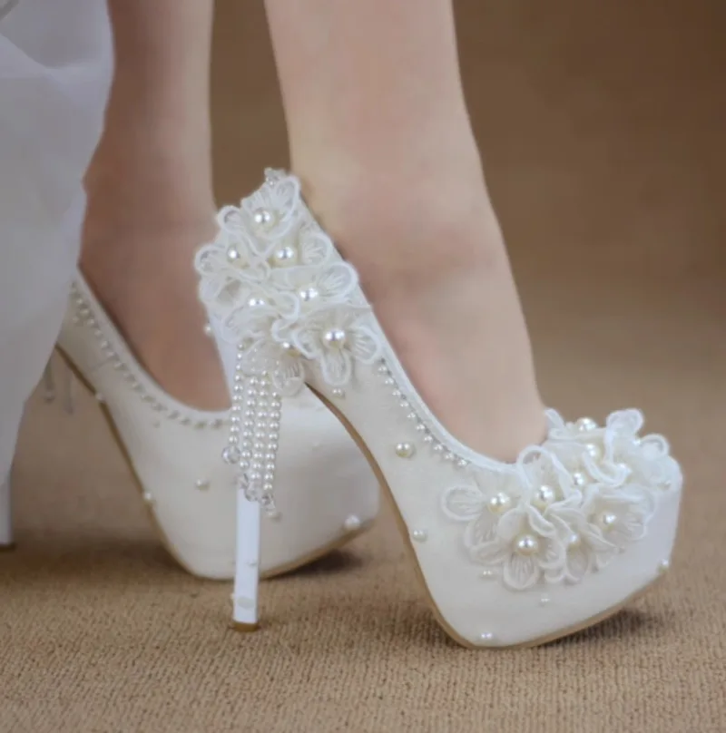 

Pumps for Women Shoes Fashion Shallow String Bead Wedding PU 14CM Thin Heels Platform 3.5cm Lace Flower Pearl Lovely Woman Shoes