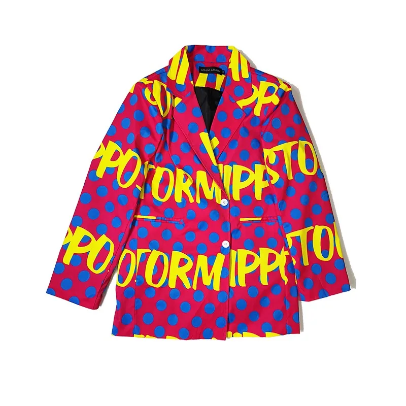 Korean Style Trendy Men Pink Letter Pattern Loose Blazers Suit Bar Nightclub Male Singer Concert Stage Suits Rap Hip Hop Costume