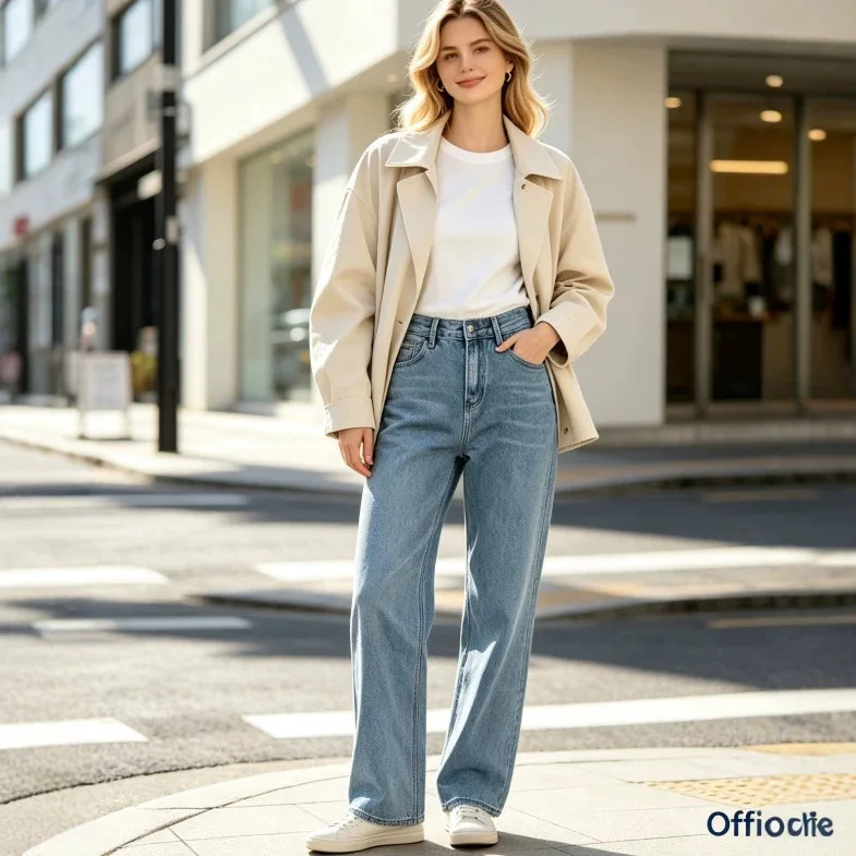 Retro washed distressed straight-leg denim women's loose-fitting slimming versatile high-waisted straight-leg pants