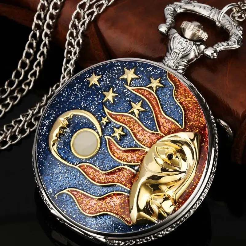 Creative Blue Starry Sky Stars and Moon Half the Sun Silver Pocket Watch Quartz Necklace Pendant Chain Steampunk Watch for Men