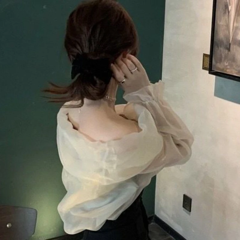 Slash Neck Blouses Women Patchwork Tender Chic Pure Casual Spring Elegant Flare Sleeve Simple Slim Korean Style All-match Ins