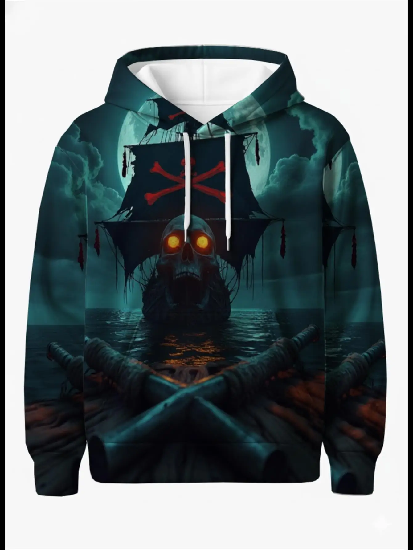 Men All Over 3D Print Hoodie Ghost Pirate Ship Skull Crossbones Night Sea Moon Graphic Drawstring Oversized Street Pullover
