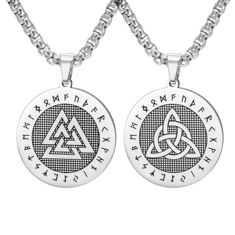 Vintage Valknut Triquetra Runes Circle Necklace Celtics Knot Protection Amulet Stainless Steel Pendant Necklace Men Jewelry