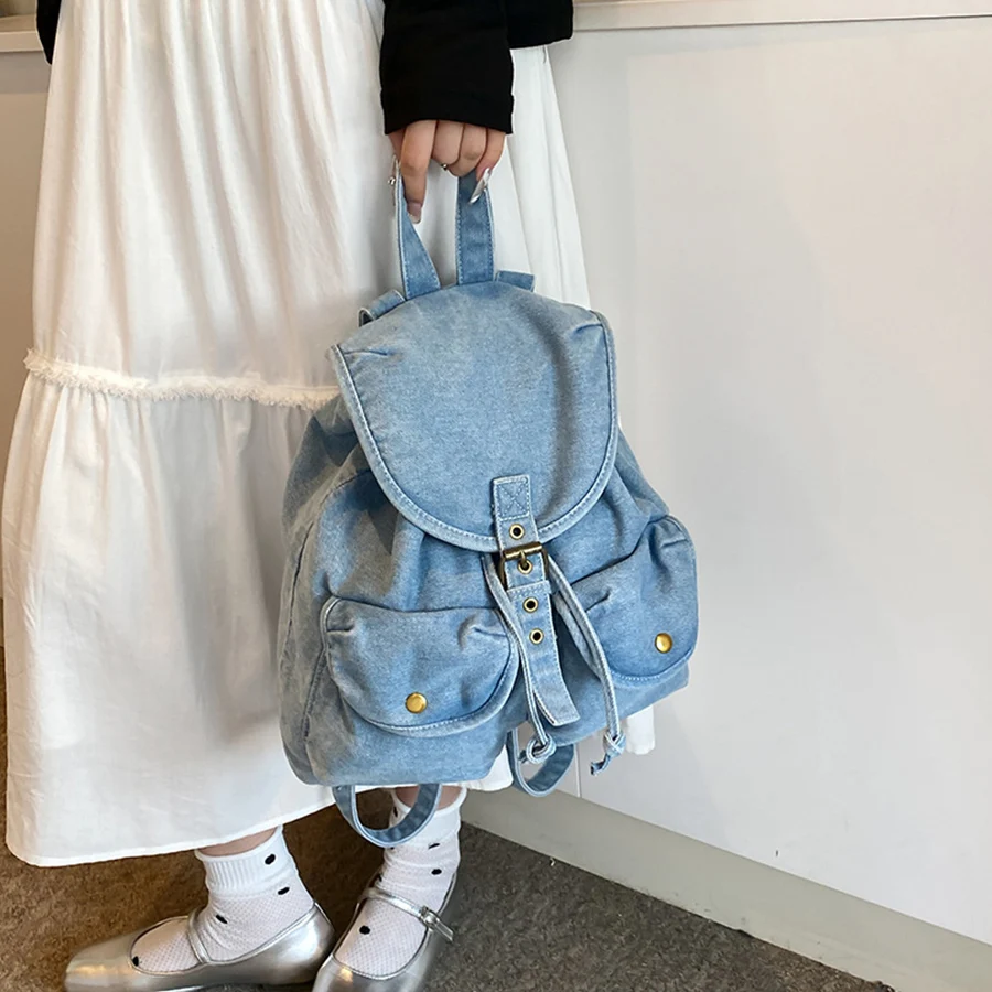 

Korean denim backpack female new large capacity multi-pocket bucket bag student commuting travel bagpack drawstring rucksack sac