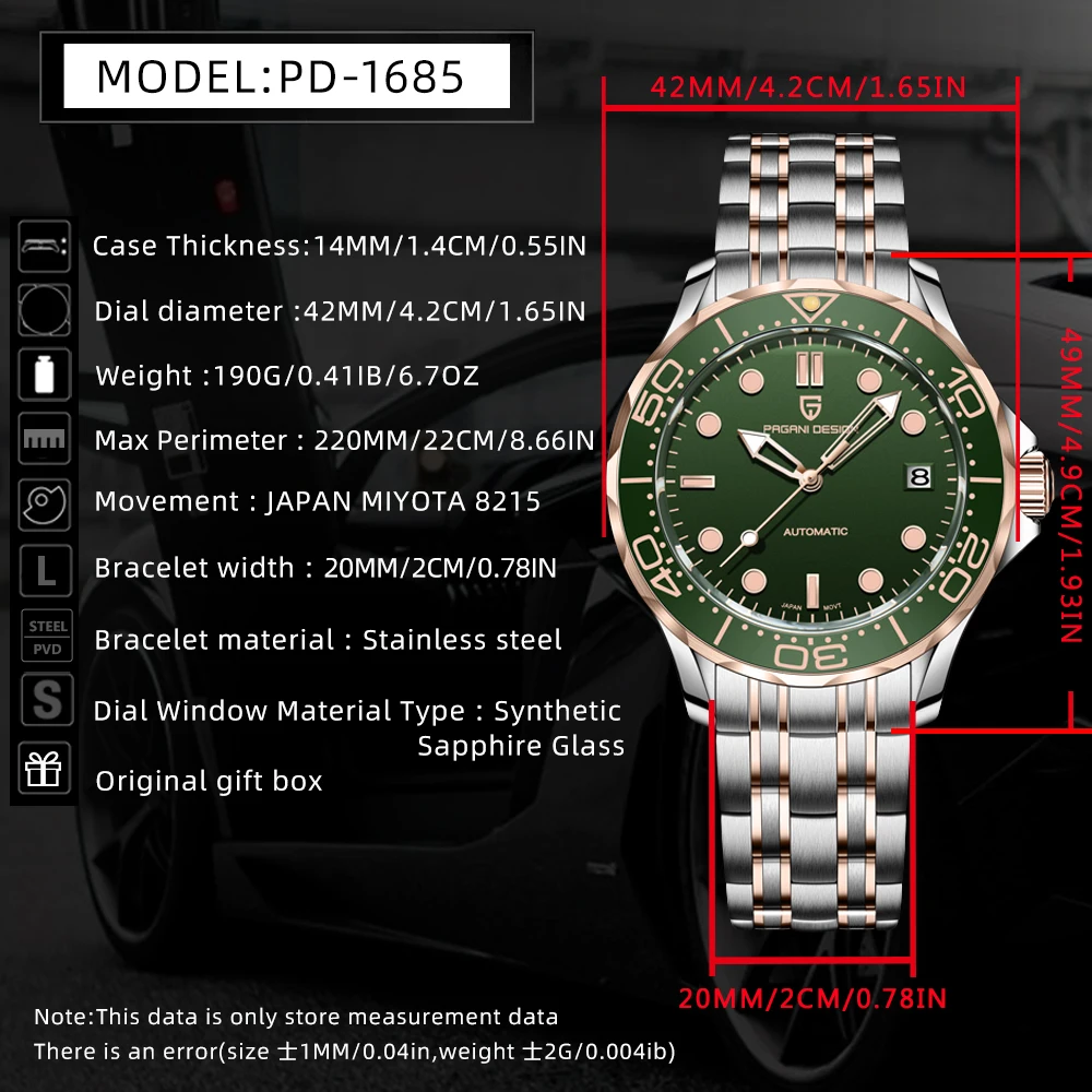 2026 New PAGANI DESIGN Men's Diving Watches Rose Gold Green Luxury Automatic Watch For Men MIYOTA 8215 Mechanical WristWatch Men