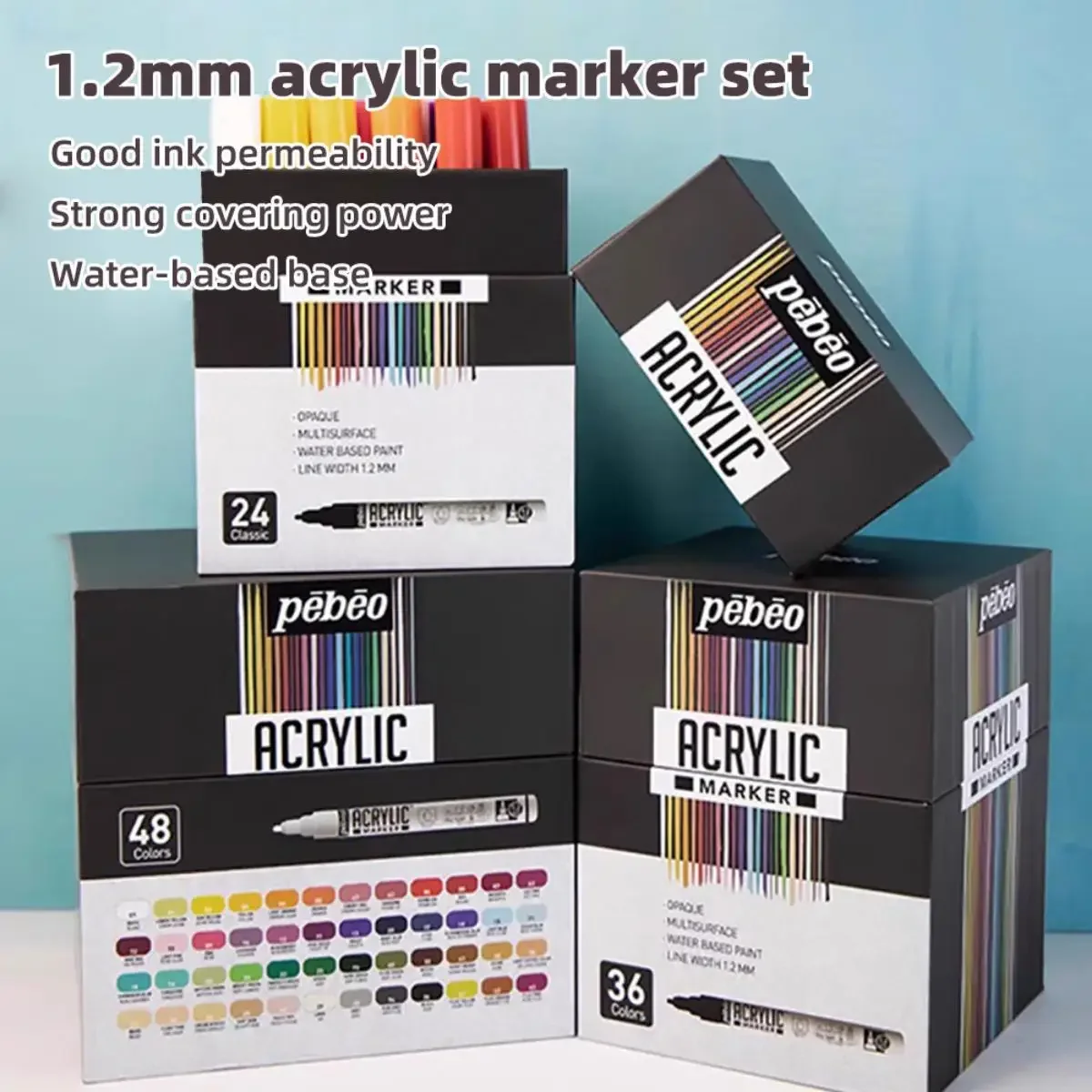 Pēbēo Acrylic Markers,12-48 Color Permanent Marker For Art Cards,Black Paper,Writings Manga Sketching Art Stationary Supplies