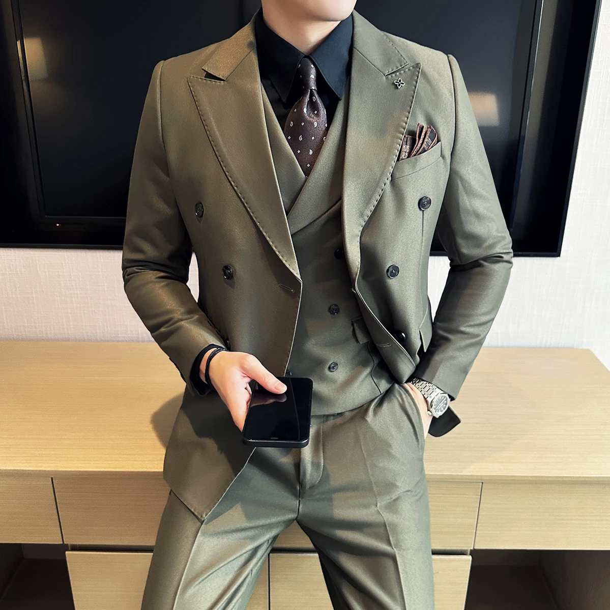 

(Blazer+Vest+Pants) Business Gentleman Double-breasted 3 Suit Pieces Sets/Groom Wedding Classic Solid Slim Dress Men High End