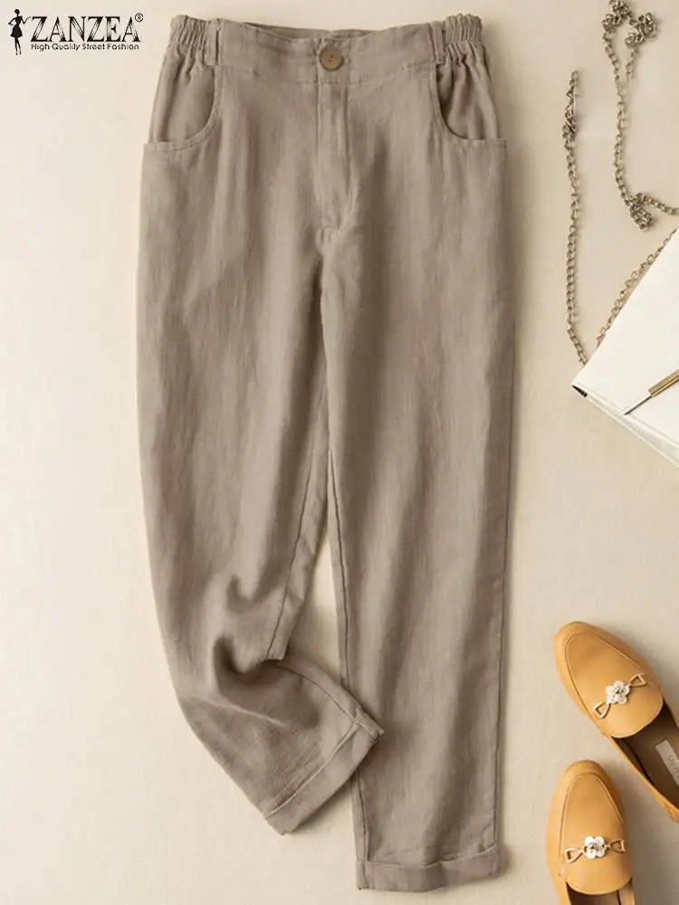 2023 ZANZEA Vintage Harem Pants Women Elastic Waist Solid Long Trousers Summer Cotton Palazzo Female Casual Pantalon Turnip