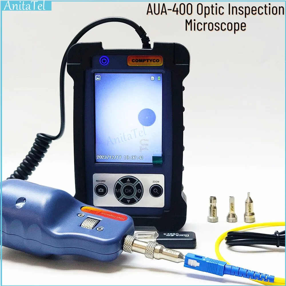 AUA-400 Optic Inspection Microscope Probe Fiber Inspector With LCD ,Monitor Support UPC/APC Adapter, 3.5 