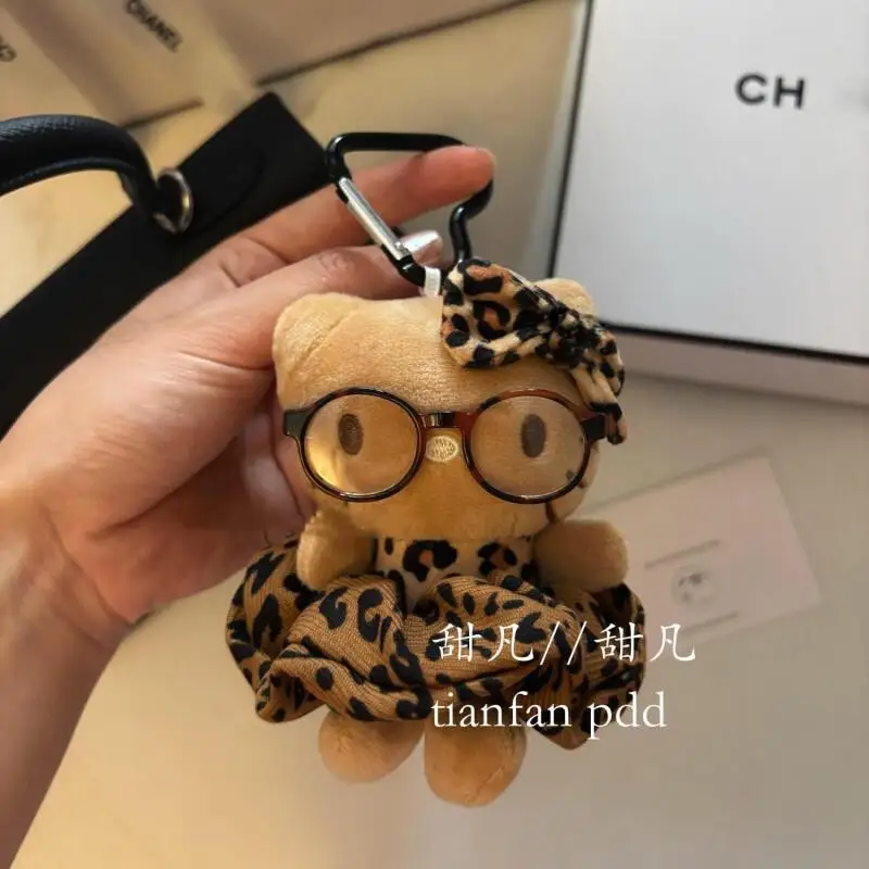 Sanrio Leopard Print Glasses Hello Kitty Plush Toy Pendant Bag and Car Interior Accessories Decoration Cartoon Keychain