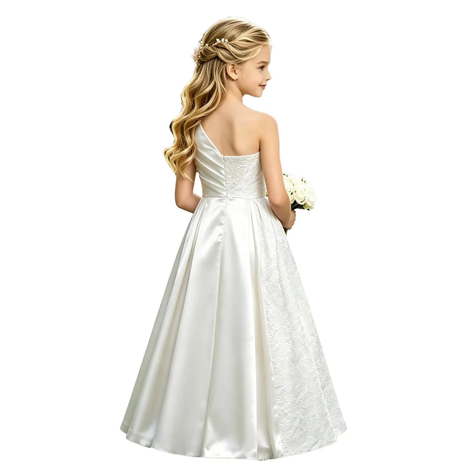 Kids Birthday Ceremony Wedding Gowns Jacquard Flower Girl Bridesmaid Dress Child One Shoulder Sleeveless Pleated Bodice Dress