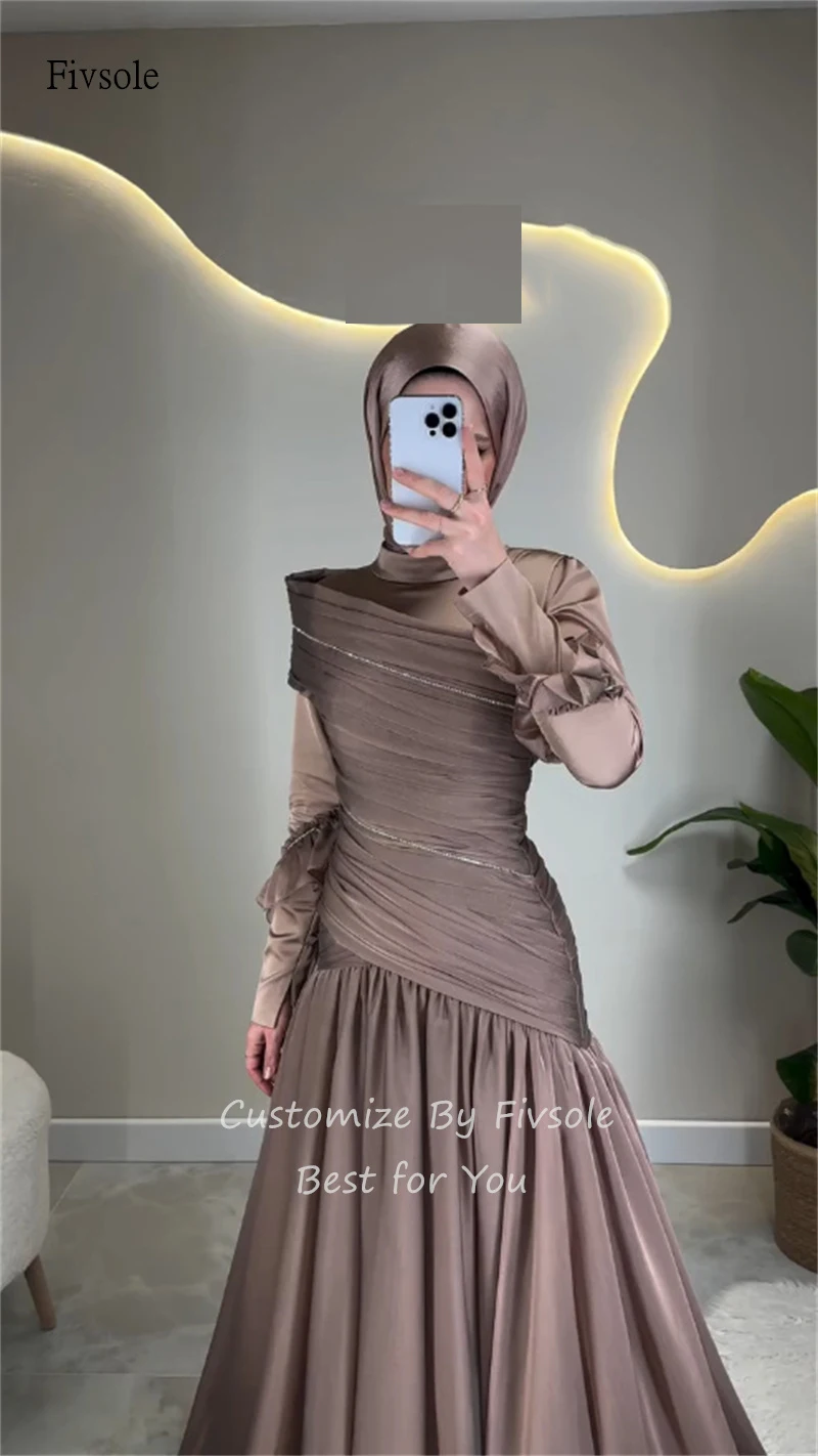 Fivsole modeste moka col haut une ligne robes de bal manches longues asymétrique robe de soirée longueur de plancher robe de soirée personnalisée