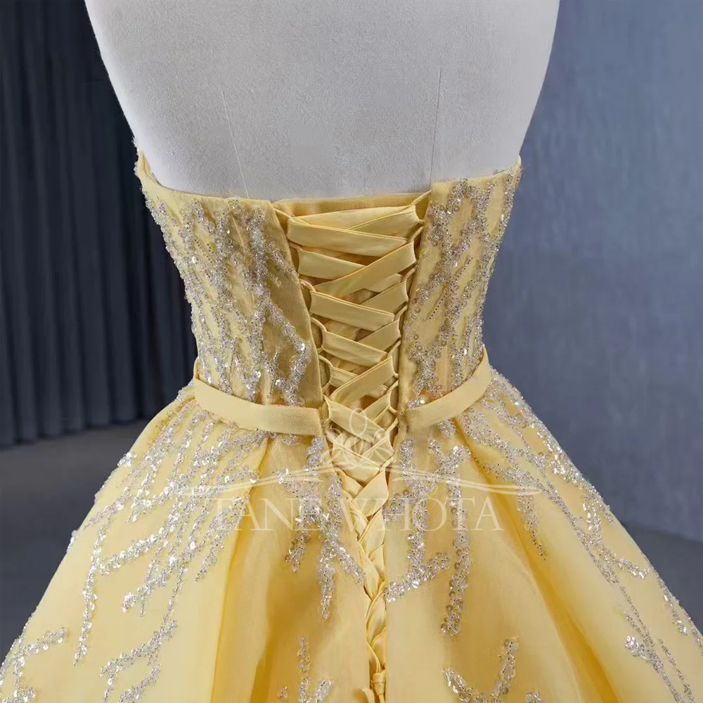 Abiye Luxury Yellow Sequined Sashes Sleeveless Sweetheart Evening Dress With Lace Up Back Customized