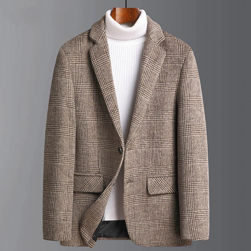 KIDWHXR 2026 Autumn Men Suit Jacket Fashion Plaid Turn Down Collar Male Outerwear Loose Long Sleeve Man Business Casual Coat