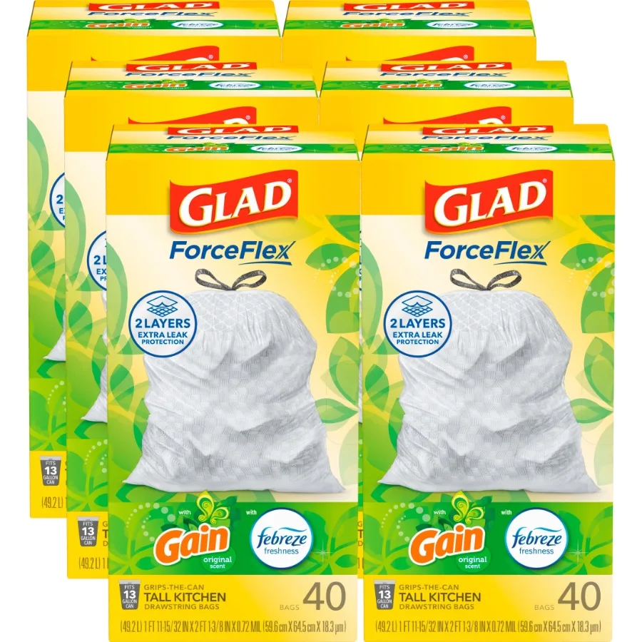 

6 pack ForceFlex Tall Kitchen Drawstring Trash Bags 13 Gallon Gain Original with Febreze Freshness 40 Count