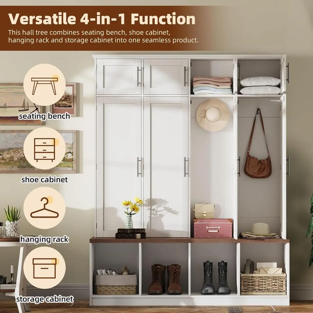 75 High Walnut Storage Bench with Shoe Cabinet and 8 Doors, Mudroom Coat Rack with 4 Hidden Hooks, White image 4