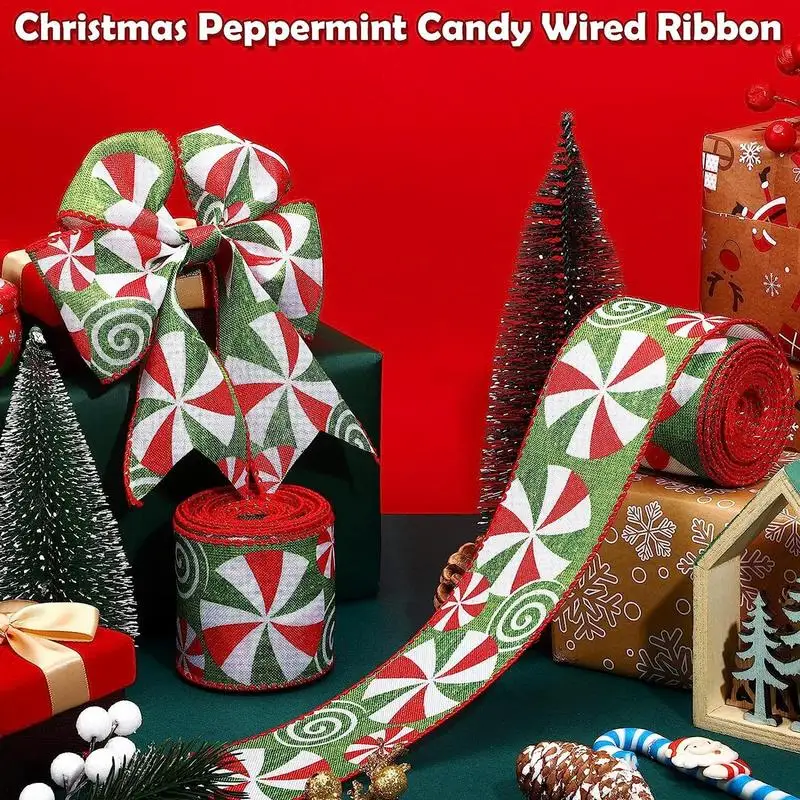 1pc 5 Yards Christmas Candy Peppermint Wired Edge Ribbon Wide Christmas Candy Ribbon For DIYCraft Xmas Tree Gift Party Decor