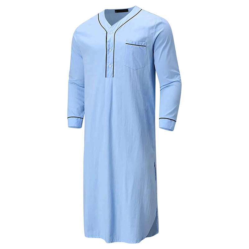 Robe en lin à col en V pour hommes, manches courtes retroussées, robe de nuit longue, chemise décontractée, caftan avec poche, monochromatique