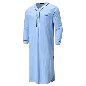 남성 잠옷 솔리드 컬러 느슨한 사우디 아라비아 긴 소매 Nightshirt Kaftan 두바이 가운 주머니 잠옷