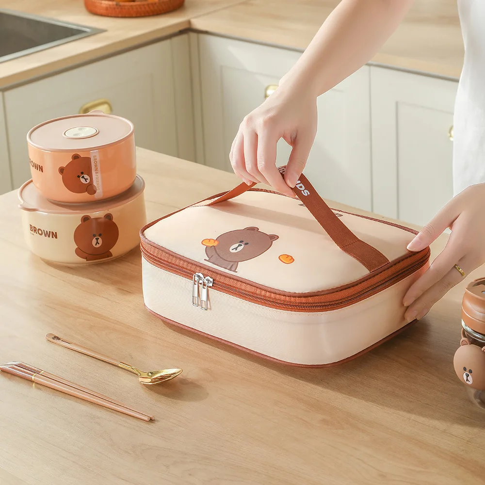Waterproof Oxford flat hand-held lunch bag, insulated cartoon bento, cute lunch box bag for children to bring to school