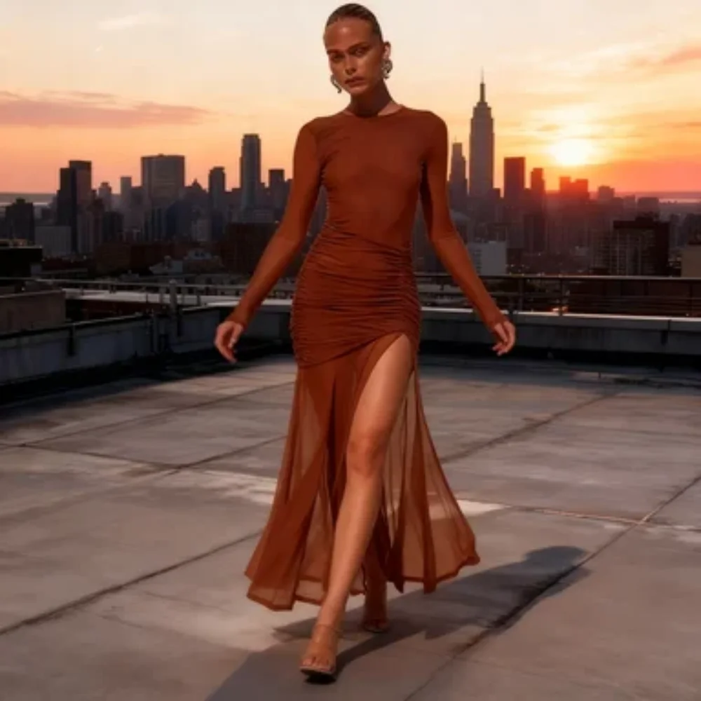 Lente Zomer Mode Sexy Splicing Geplooide Effen Kleur Slanke Maxi Rok Y2K Elegante Vakantie Strand Lange Mouwen Slit Longs Jurk