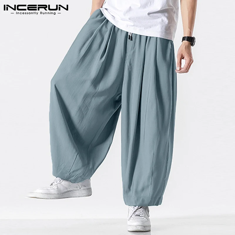 Summer Men Wide Leg Pants Drawstring Joggers Plain High Street Man Casual Trousers Baggy Fashion Harem Pants S-5XL INCERUN 2024