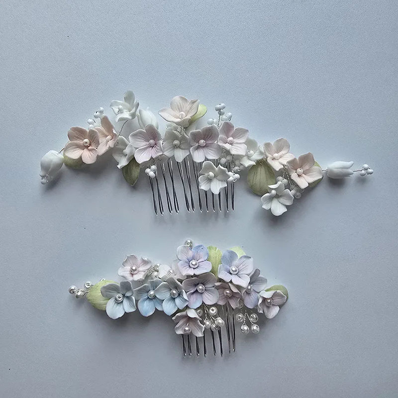 

SLBRIDAL Handmade Ins Style Coloful Porcelain Flower Bridal Hair Comb Wedding Headdress Hair Accessory Bridesmaids Women Jewelry
