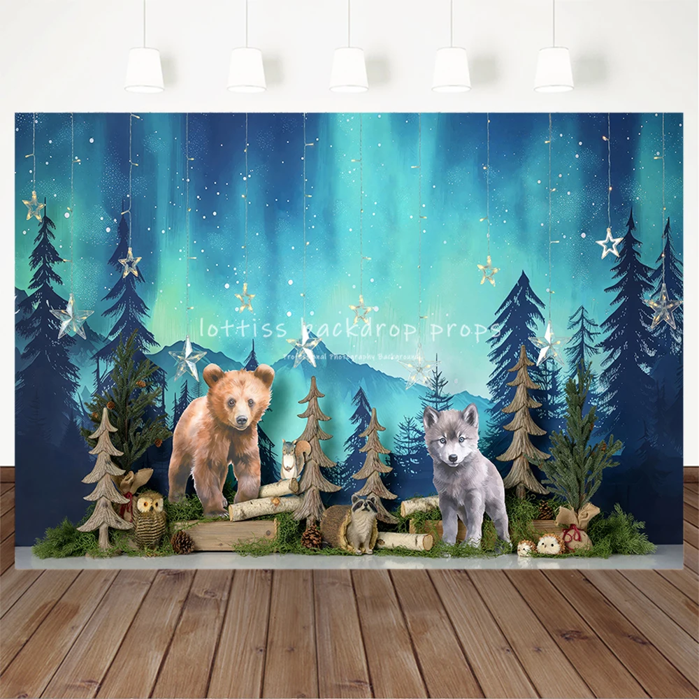 Northern Lights Forest Backdrops Kids Baby Birthday Cake Smash Child Adult Photocall Animals Brown Bear Wolf Jungle Backgrounds