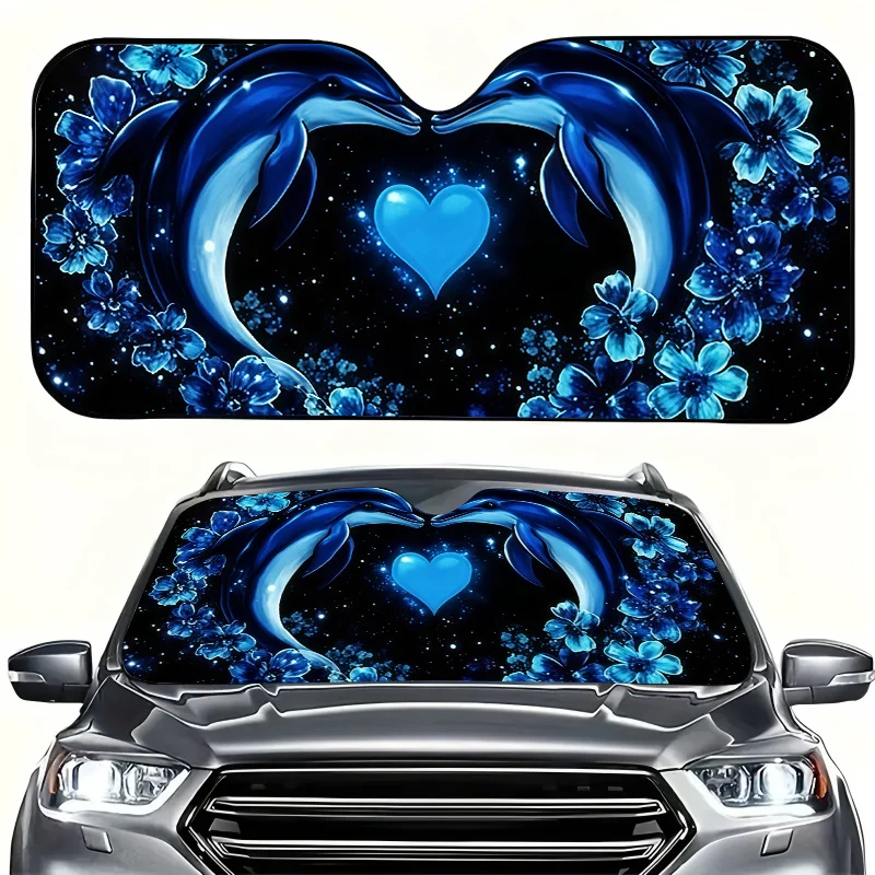 1pc. Car Sun Visor With Two Dolphin Elements. Protective Sun Visor To Keep Your Car Cool. Suction Cup Installation For Easy Setu