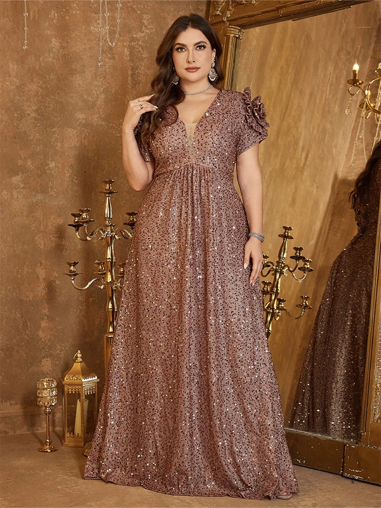 

Plus Size V-Neck Pink Floor-Length Shiny Evening Dress Bigsize Mesh Luxury Evening Dress 4xl5xl Wedding Evening Dress