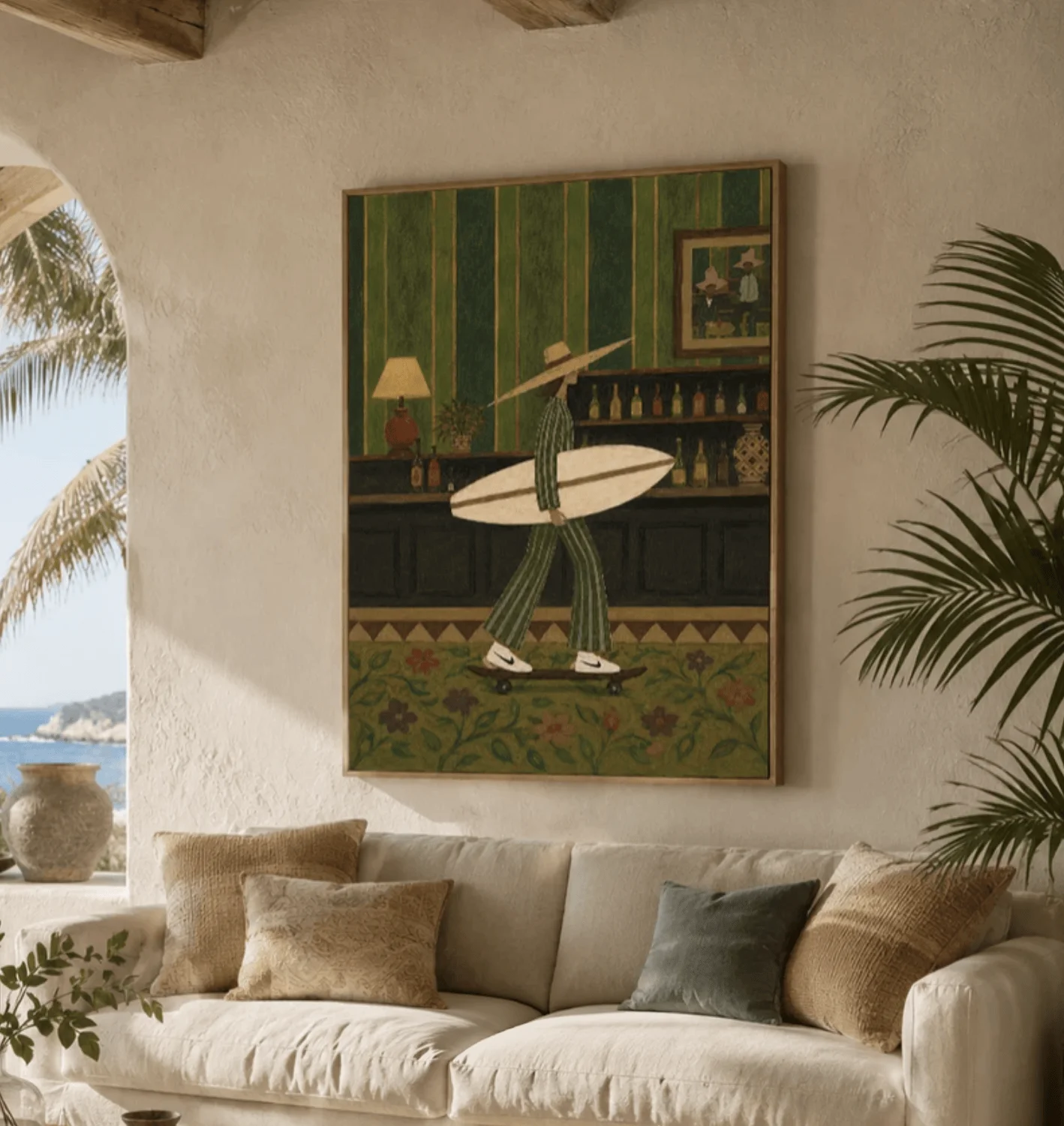 Boho Surfer Woman Skateboard Wall Art Canvas Prints, Tropical Retro Posters, Earthy Decor for Living Room Bedroom Entryway Decor
