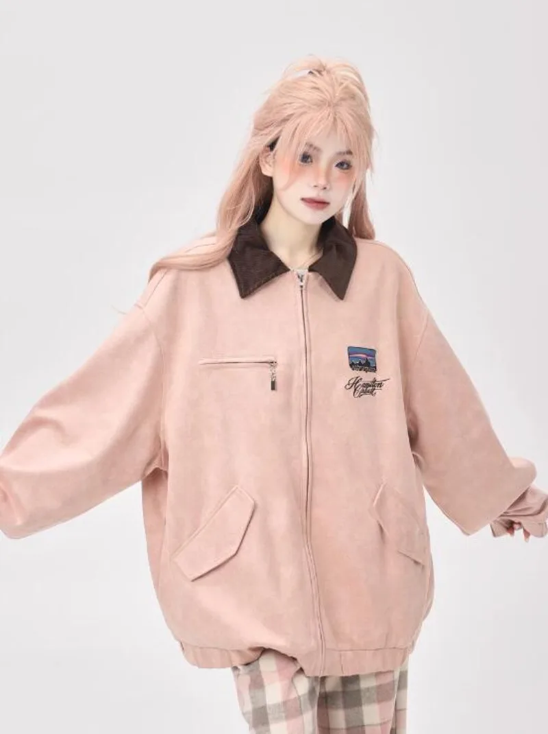 

Spring New Retro Trend American Suede Pink Ladies Baseball Uniform Fashion Korean Version Loose Motorcycle Couple Jacket Coat