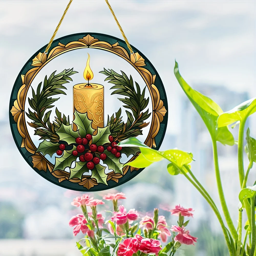 Vibrant Classic Nativity-Themed Acrylic Decorative Sign - Stunning Wall Hanging Candle And Holly Berries Suncatcher Plaque for H