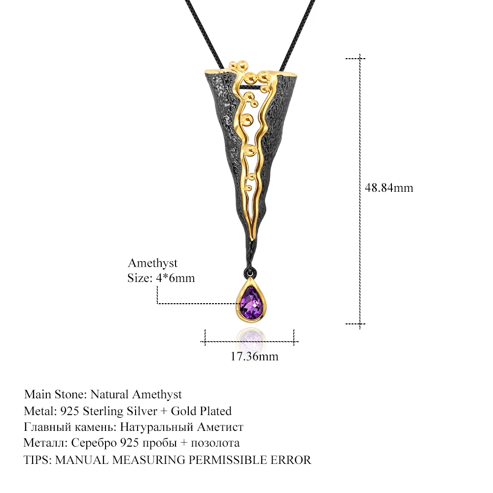 GEM'S BALLET 925 Silver Jewelry Handmade Golden Bead Honey Raindrop Triangle Natural Amethyst Woman’s Statement Pendant Necklace